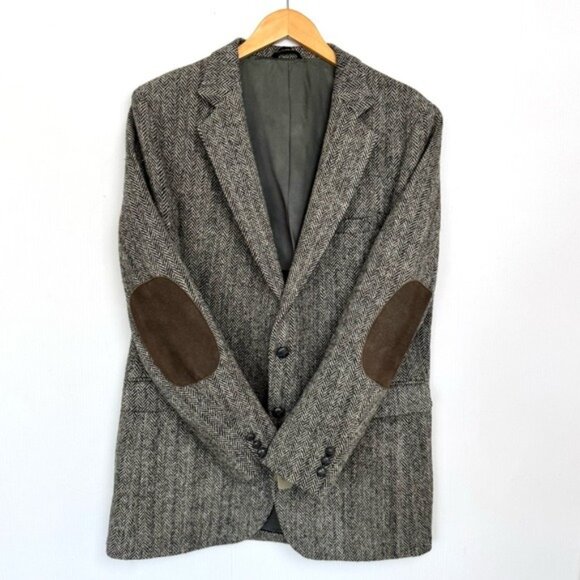 Harris Tweed Gray herringbone tweed Scottish wool elbow patch Blazer 44 L - Picture 1 of 12